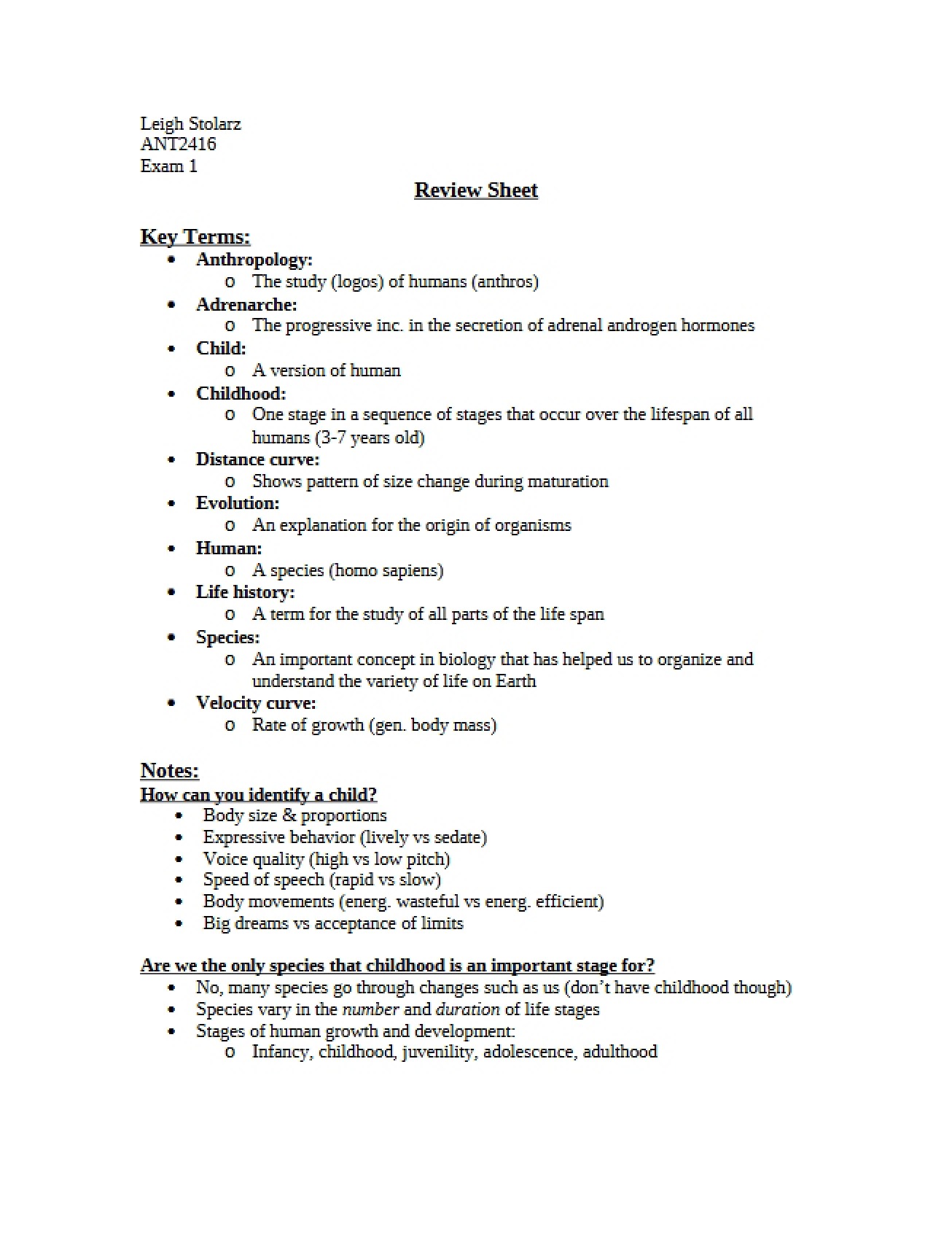 Review Sheet for Anthropology