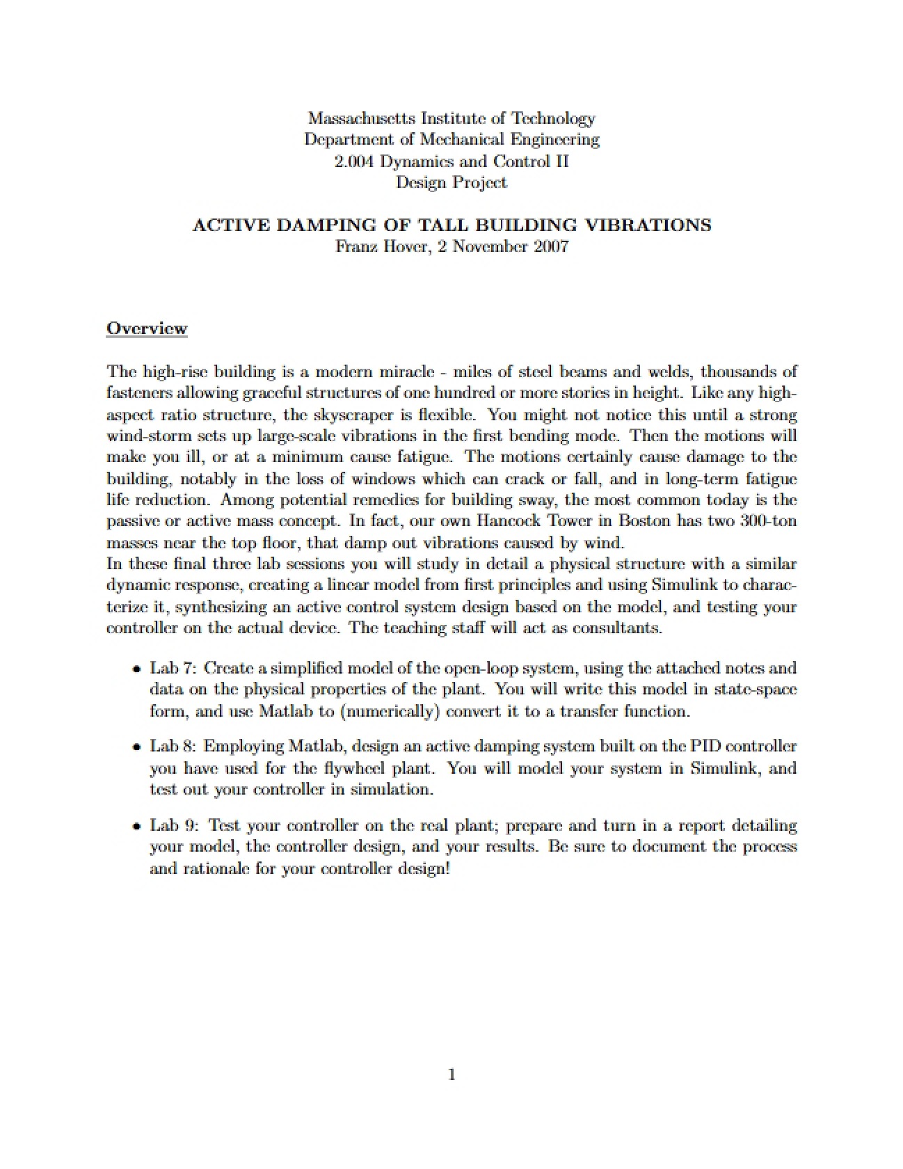 Tall Building Vibrations: Active Damping