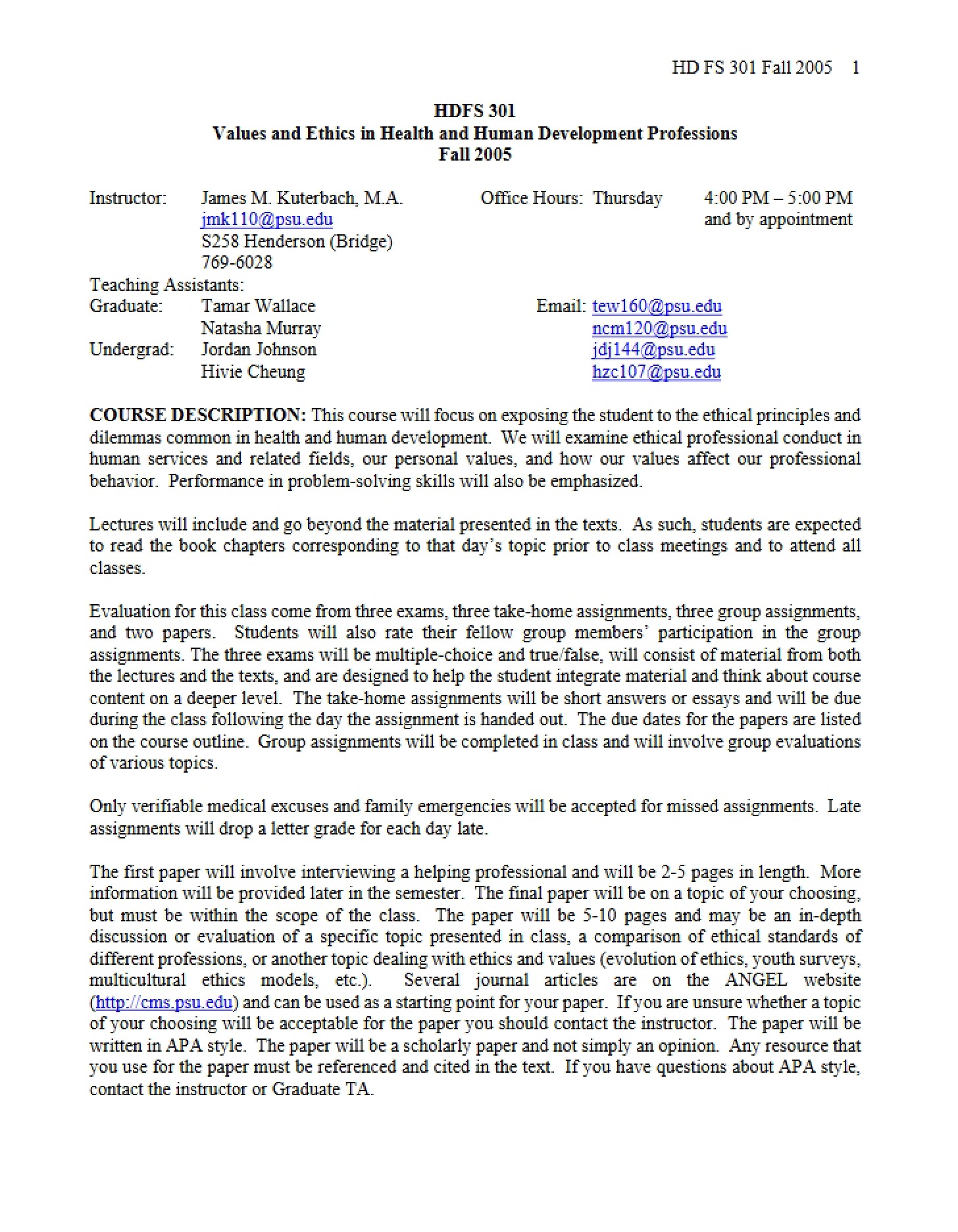 Syllabus for HDFS 301 (Fall 2005)