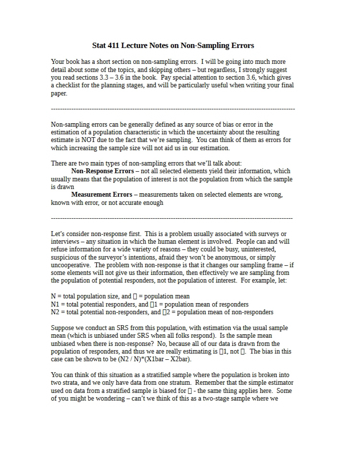 Non-Sampling Errors Lecture Notes