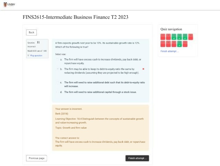 Intermediate Business Finance Quiz - FINS2615 T2 2023