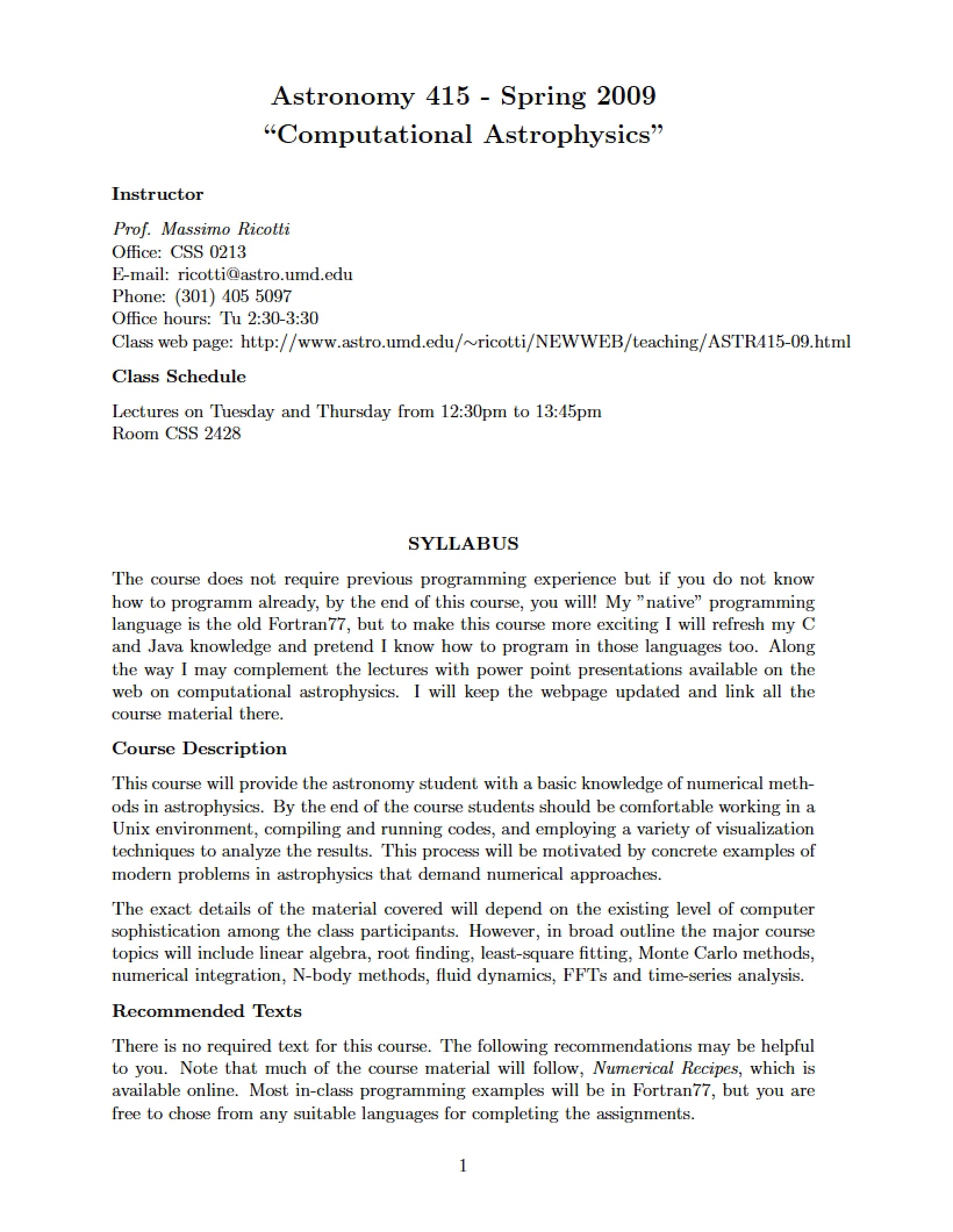 Computational Astrophysics Syllabus
