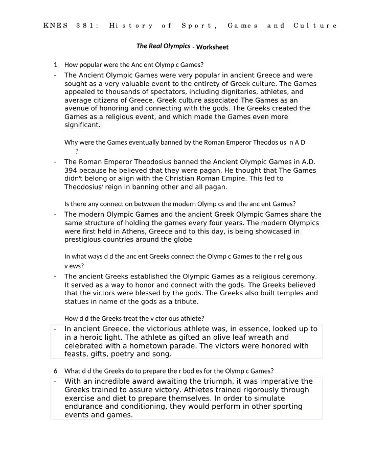 Worksheet - The Real Olympics