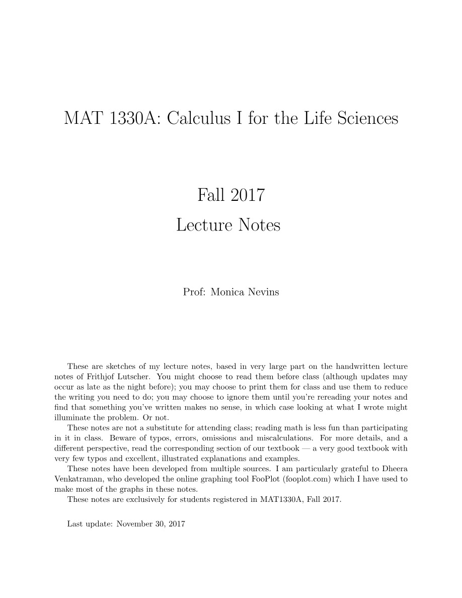 Lecture Notes for MAT 1330A Fall 2017