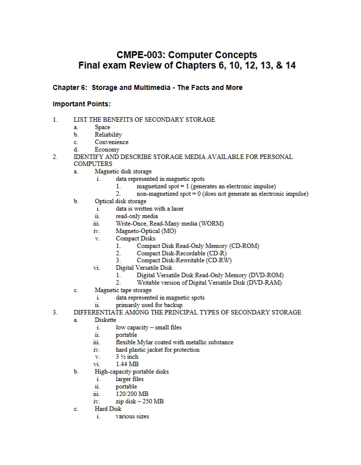 Review for Final Exam (CMPE 003)