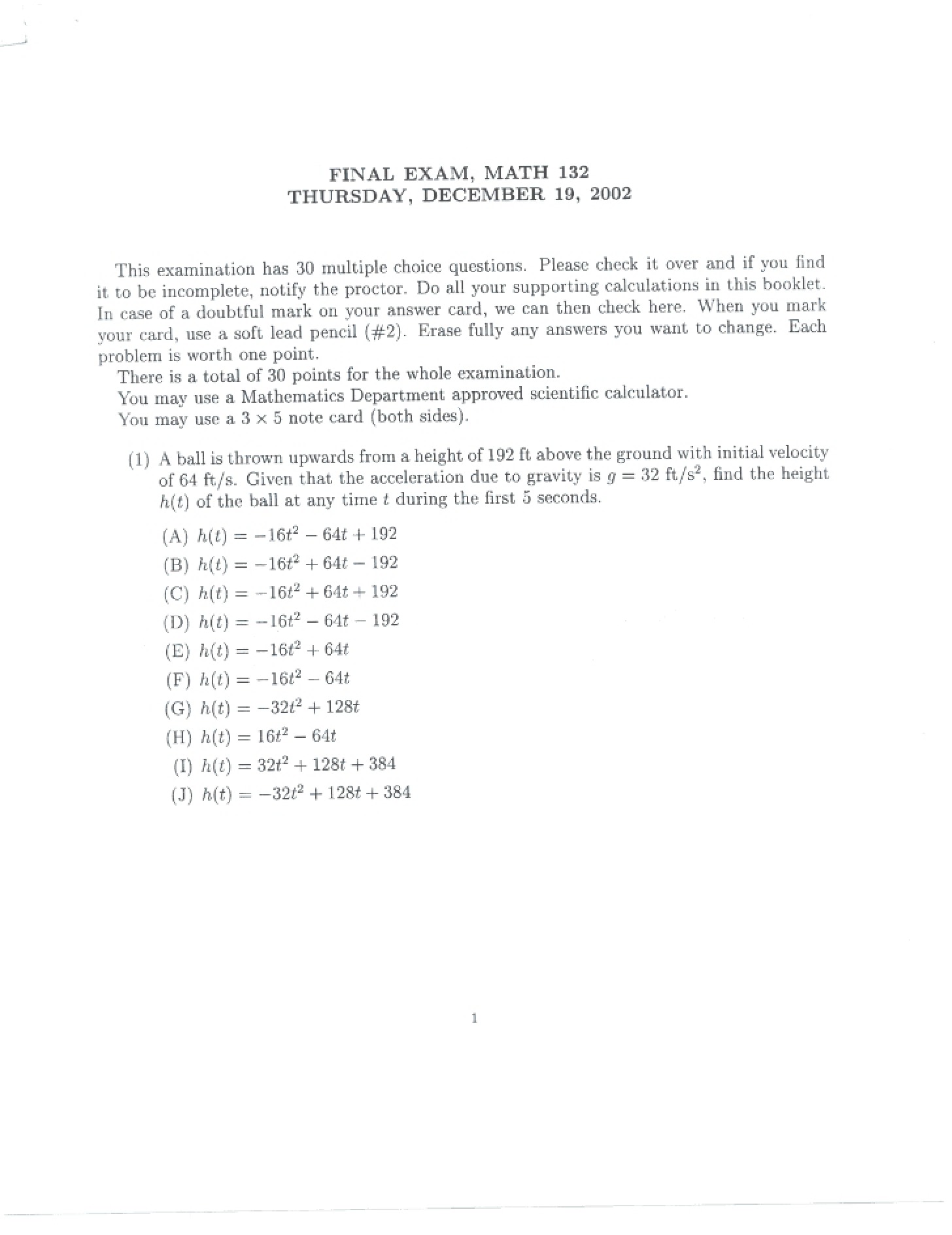 Final Exam Content (Fall 2002)