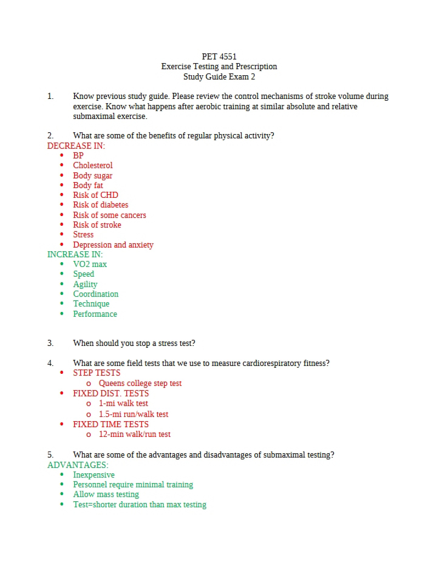 Exercise TestingRx Notes