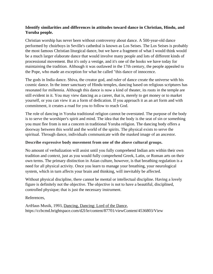 Written Assignment Dance and Religion Part 1