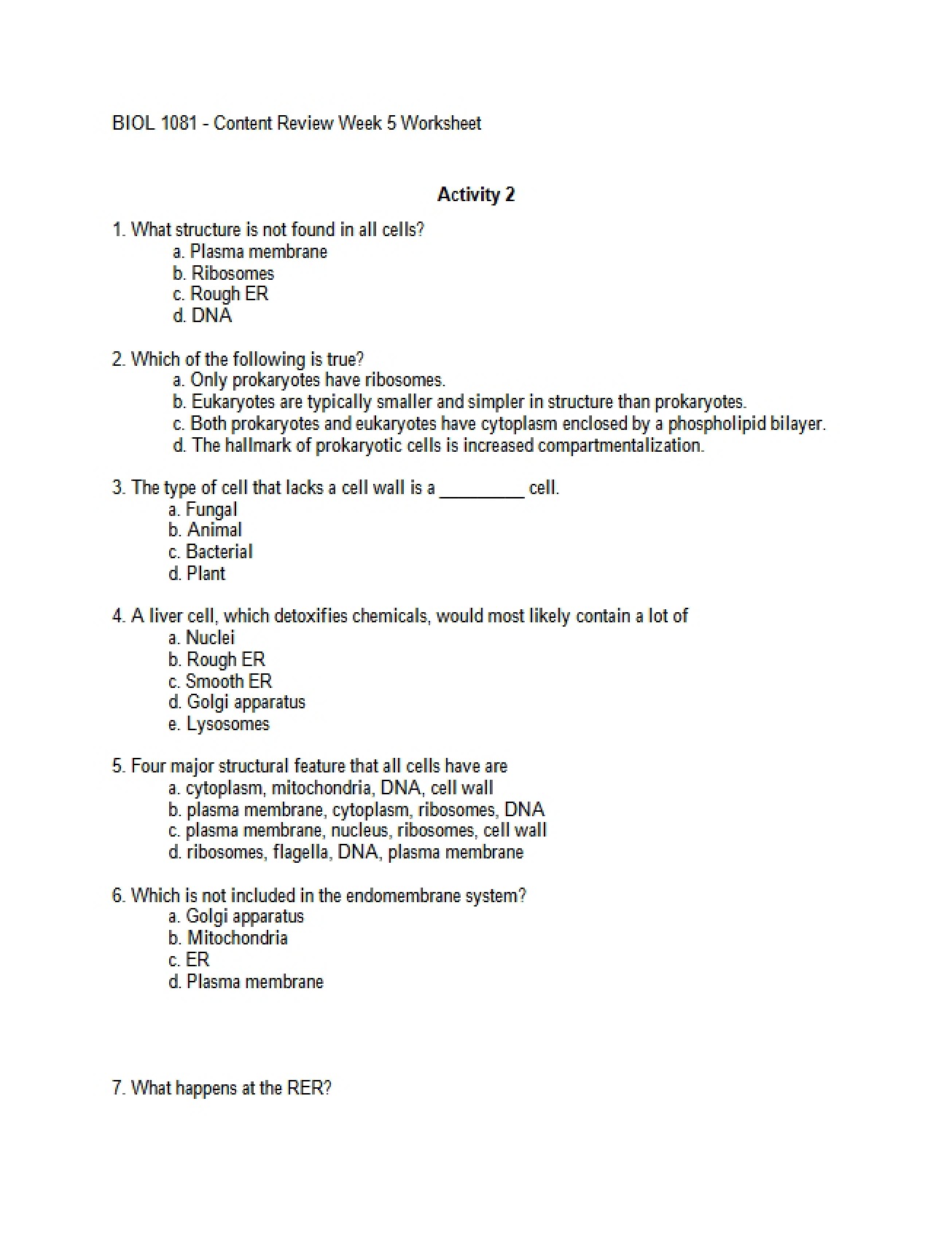 Worksheet for the Second Activity in Biology I