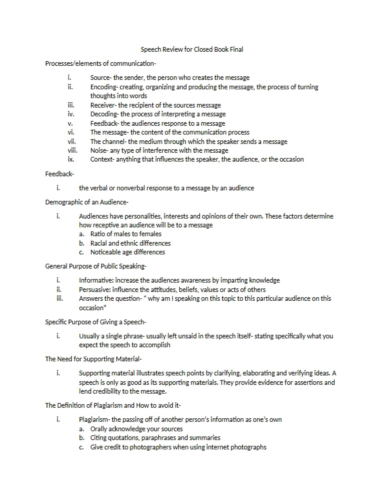 Speech Closed Book Final Review