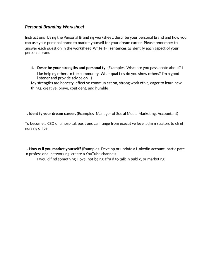 Worksheet for Personal Branding