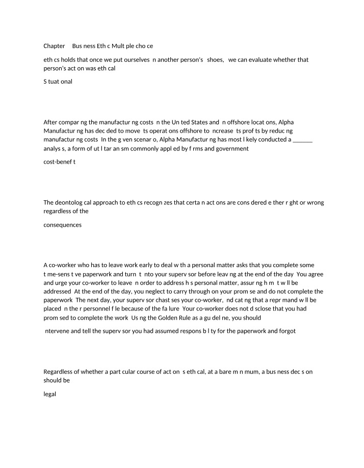 Business Ethics - Chapter 4 Multiple Choice
