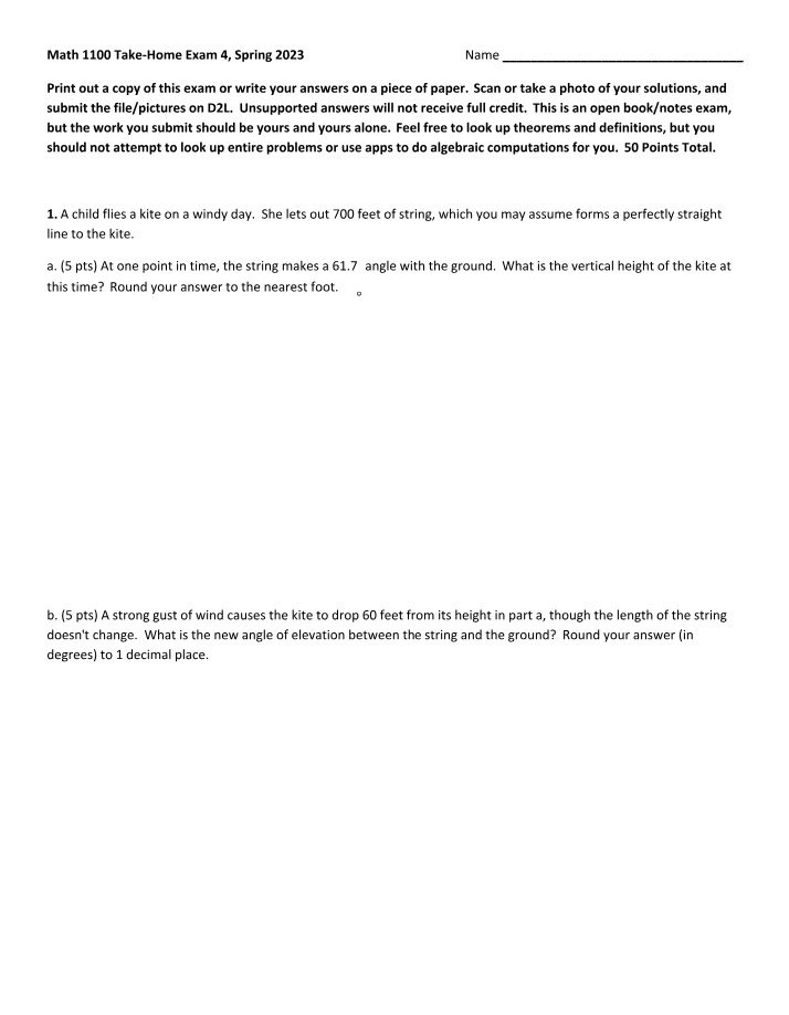 Math 1100 Take-Home Exam 4 - Geometry, Inequality, and Algebra