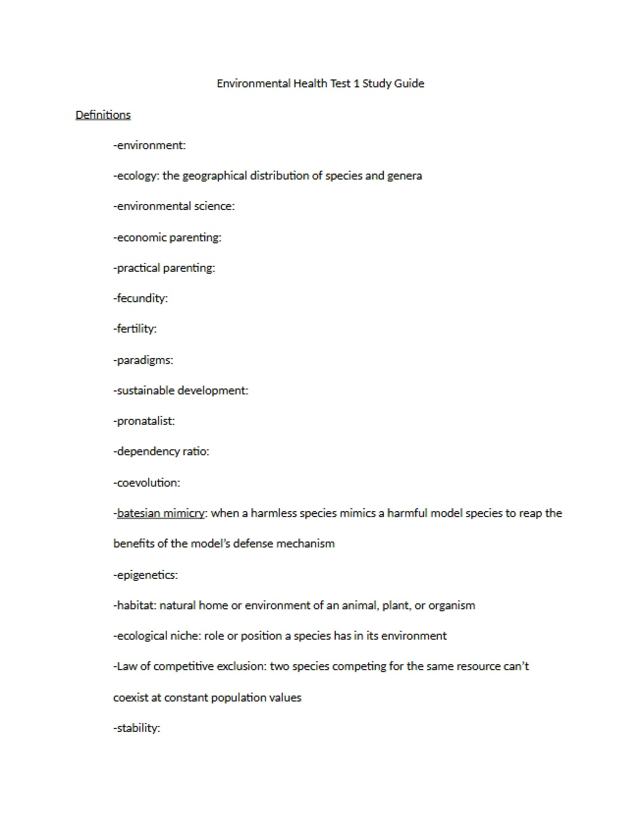Study Guide for Environmental Health Test 1