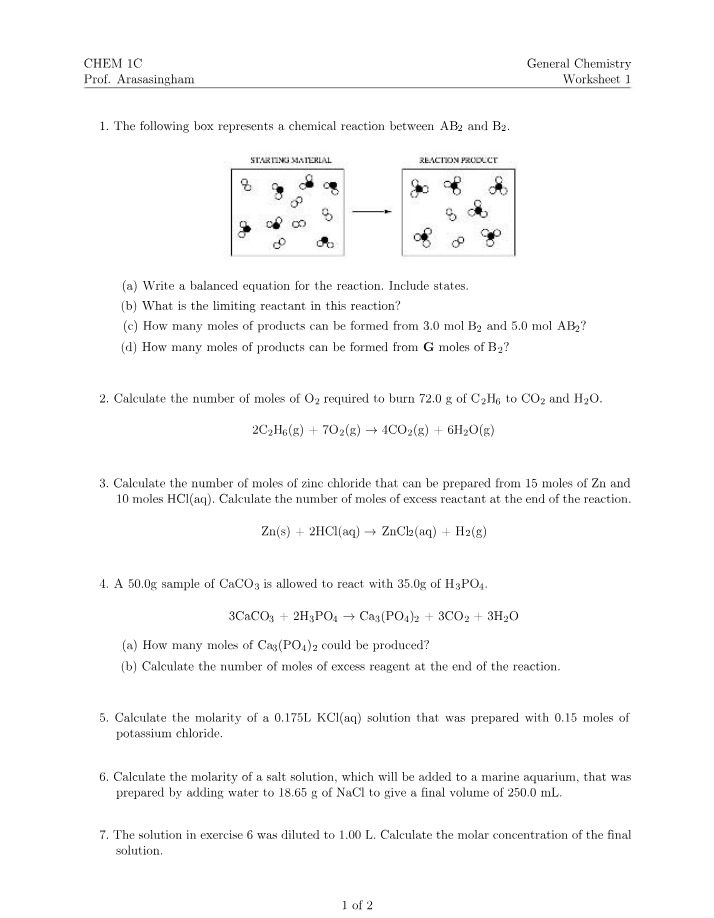 Worksheet 1 - Balanced Equations, Moles & Molarity