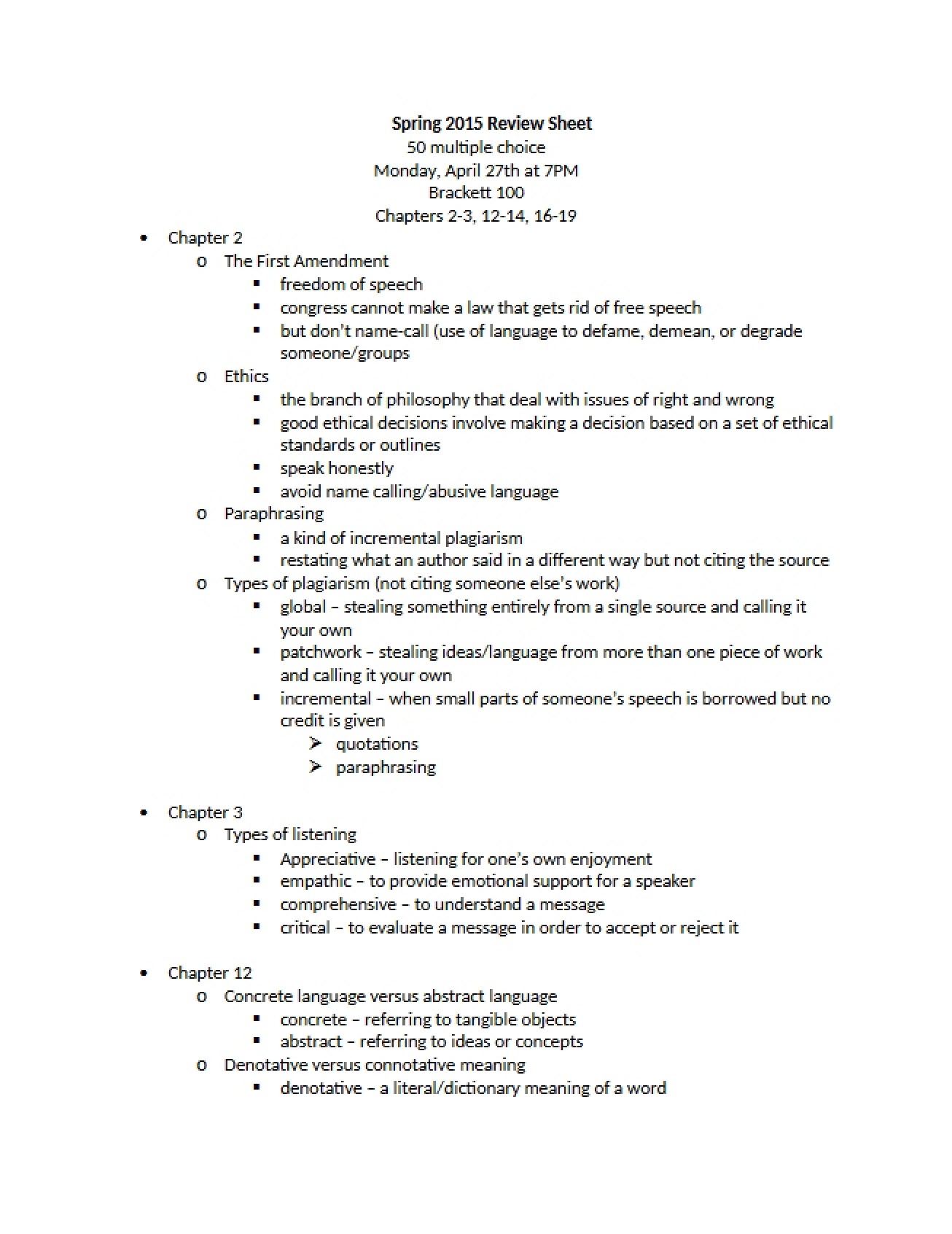 Review Sheet for Spring 2015