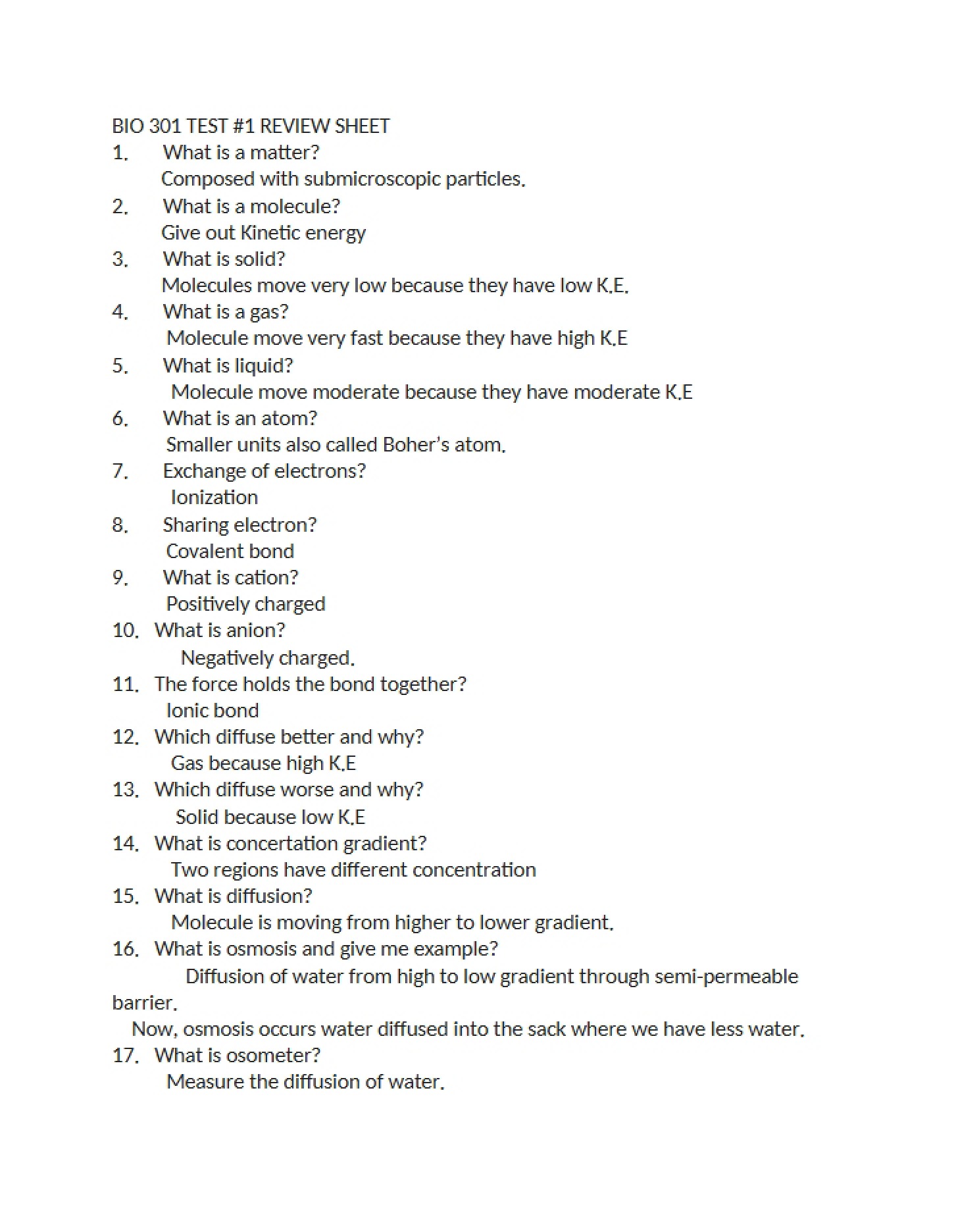 Review Sheet for Test 1