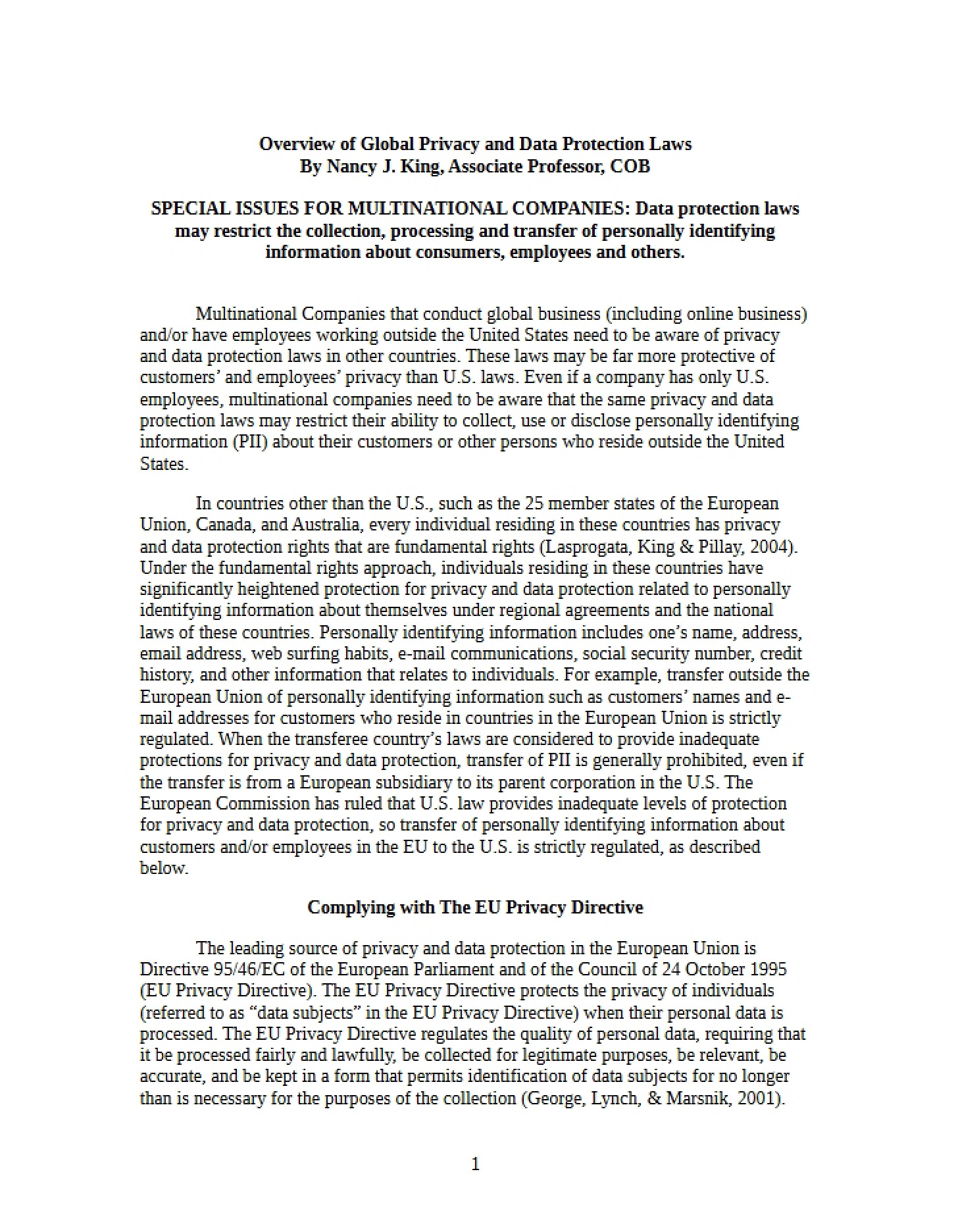 Data Protection and Global Privacy Laws for MIS