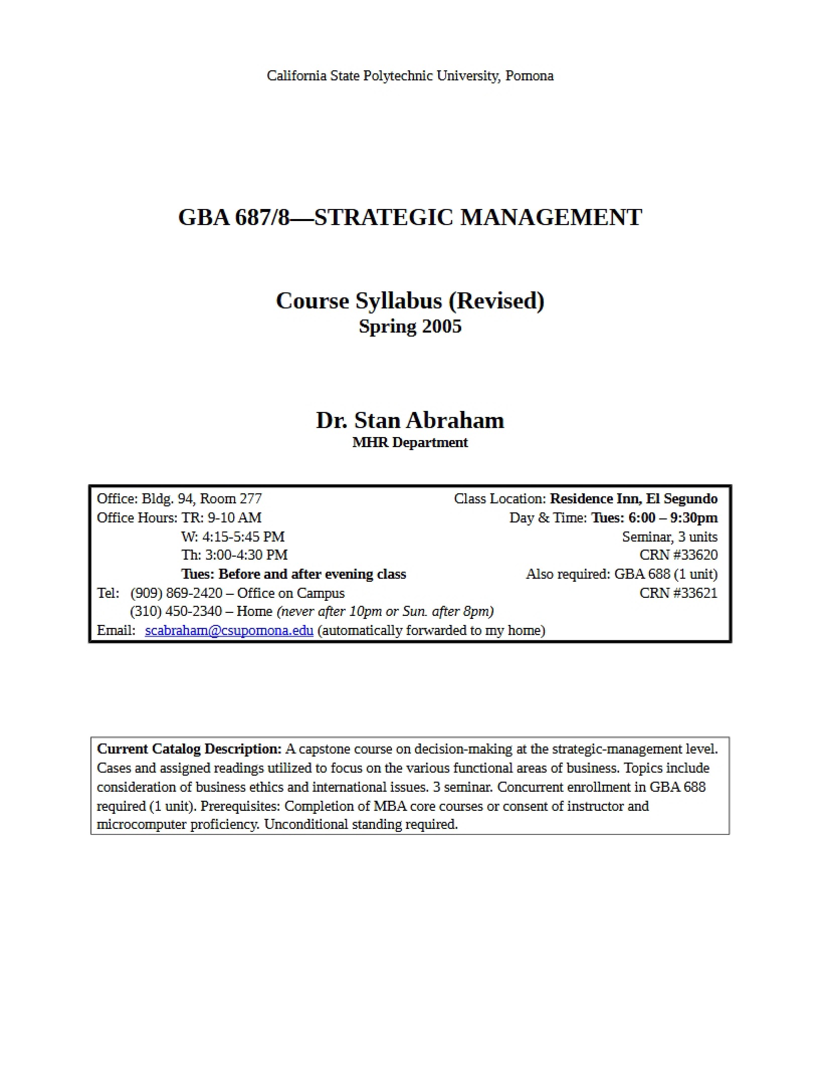 Strategic Management Course Syllabus