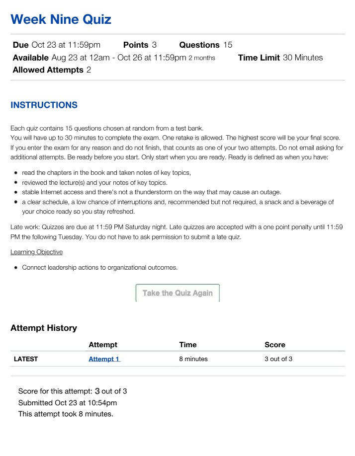 Week Nine Quiz - MGMT 4470 Leadership