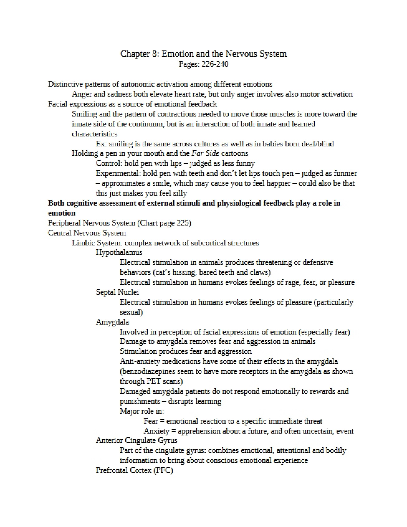 Nervous System and Emotion (Chapter Eight)
