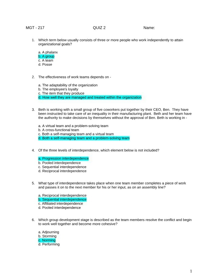Quiz 2 - MGT 217