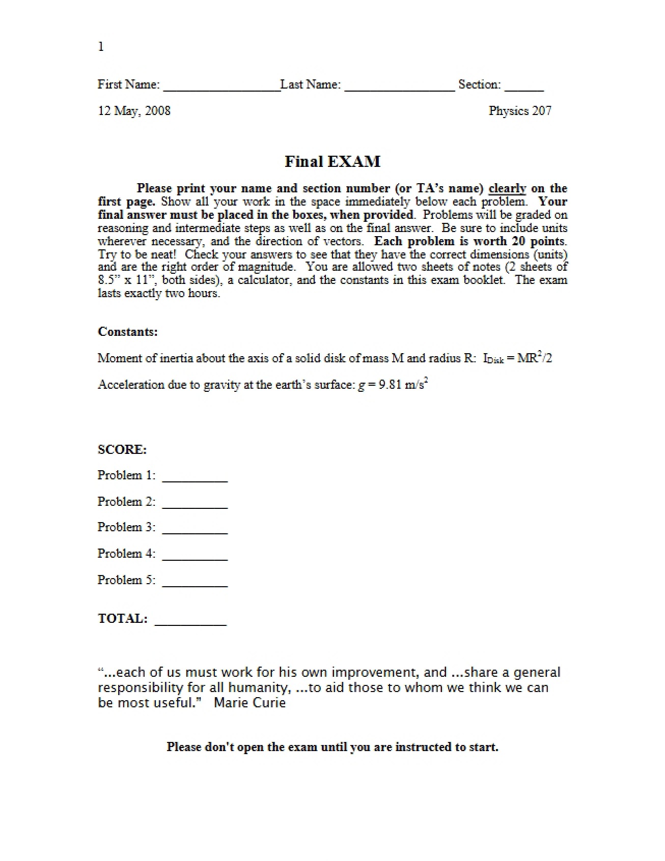 Exam for Finals
