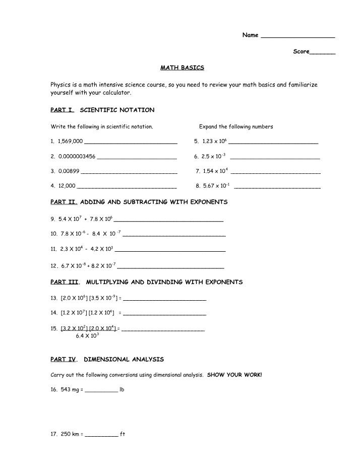 Scientific Notation, Exponents, and Dimensional Analysis