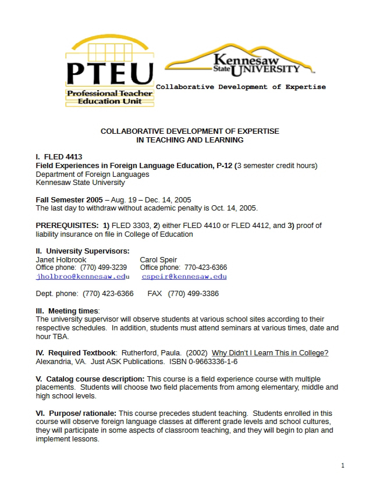 Syllabus Field Experience P-12 FL Education