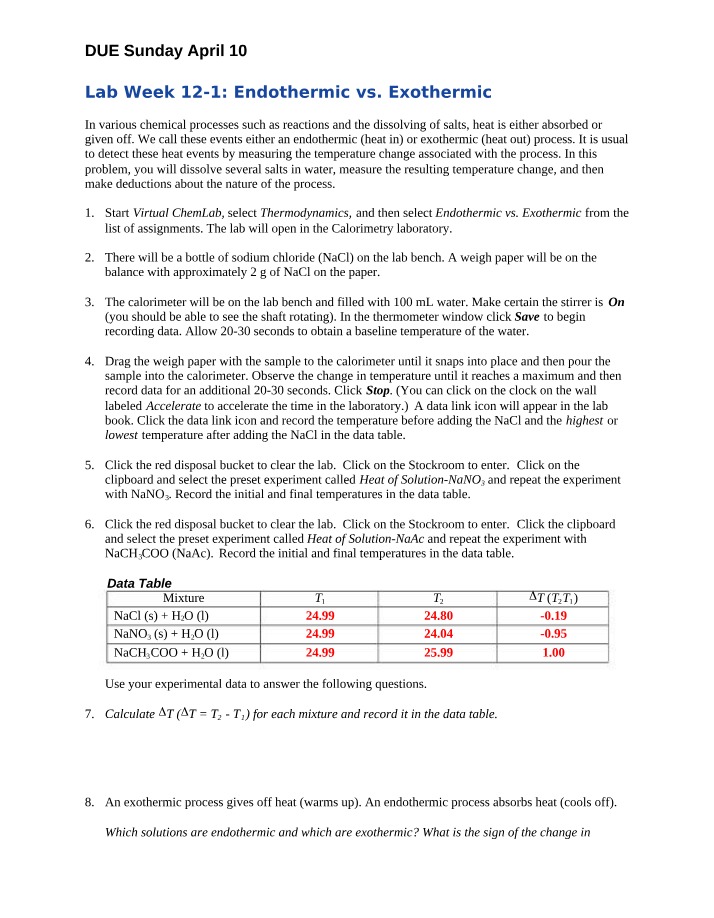 Lab Week 12-1 - Endothermic vs. Exothermic