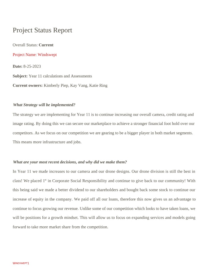 Project Status Report Part Three