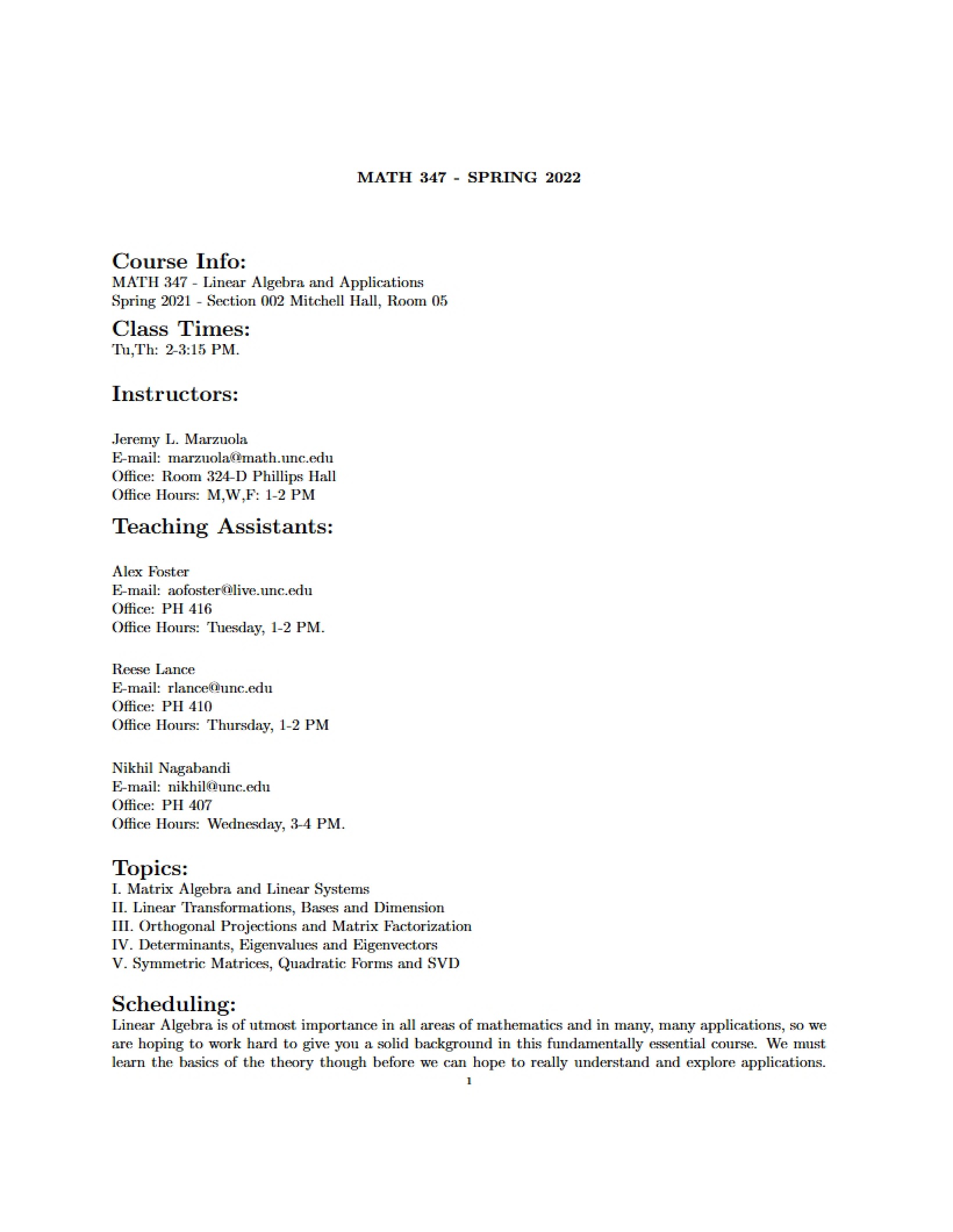 Linear Algebra Syllabus