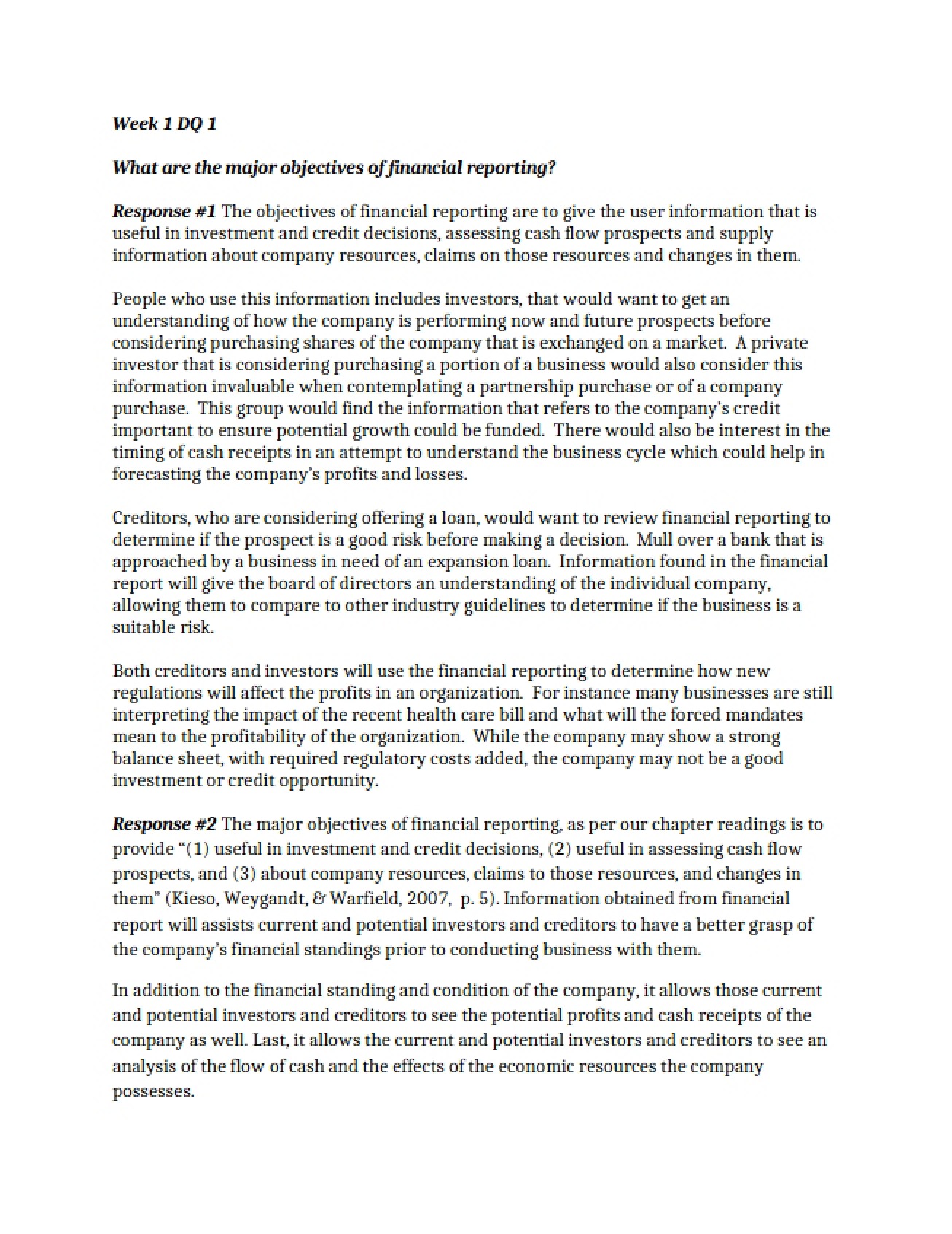 Financial Reporting Major Objectives