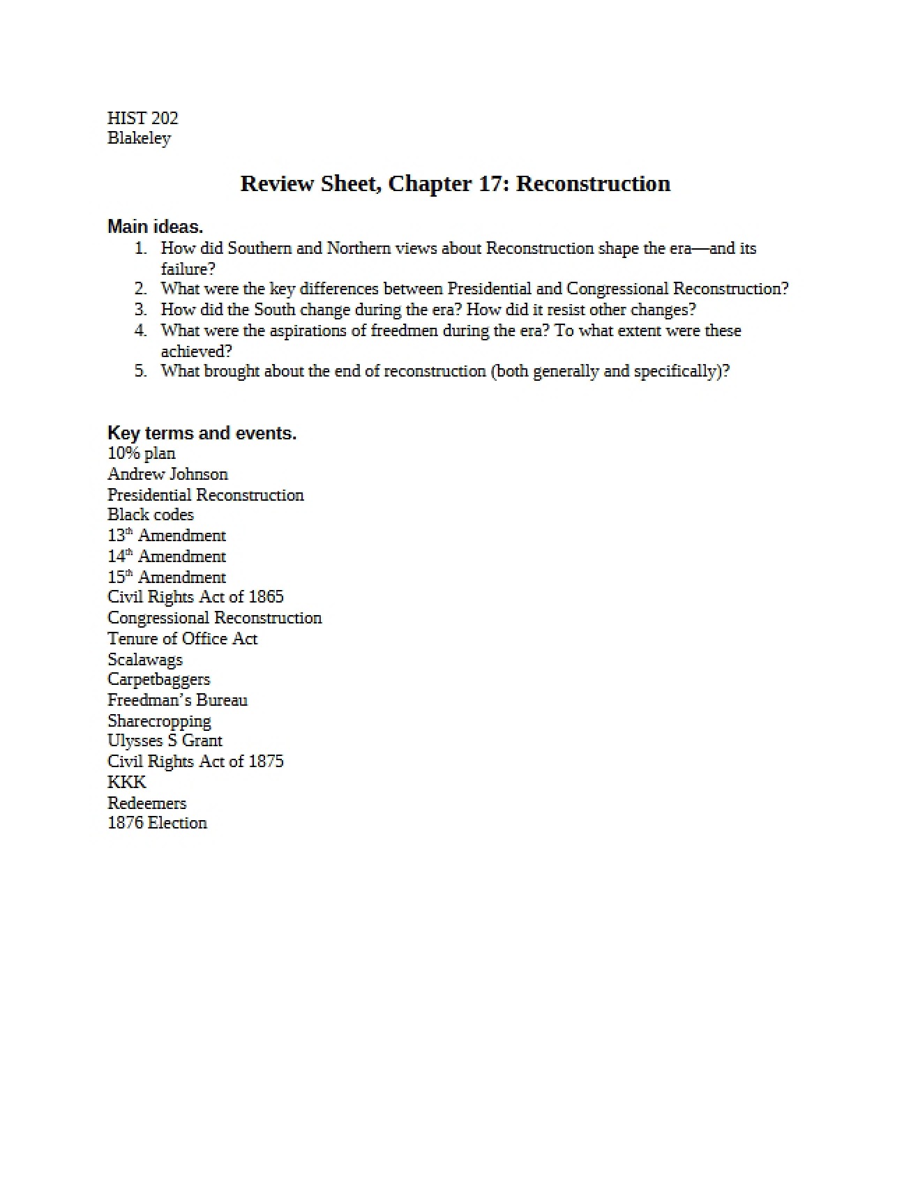 Reconstruction Review Sheet (Chapter 17)