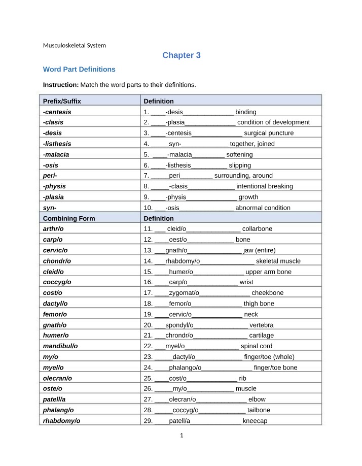 Musculoskeletal System - Matching and Definitions