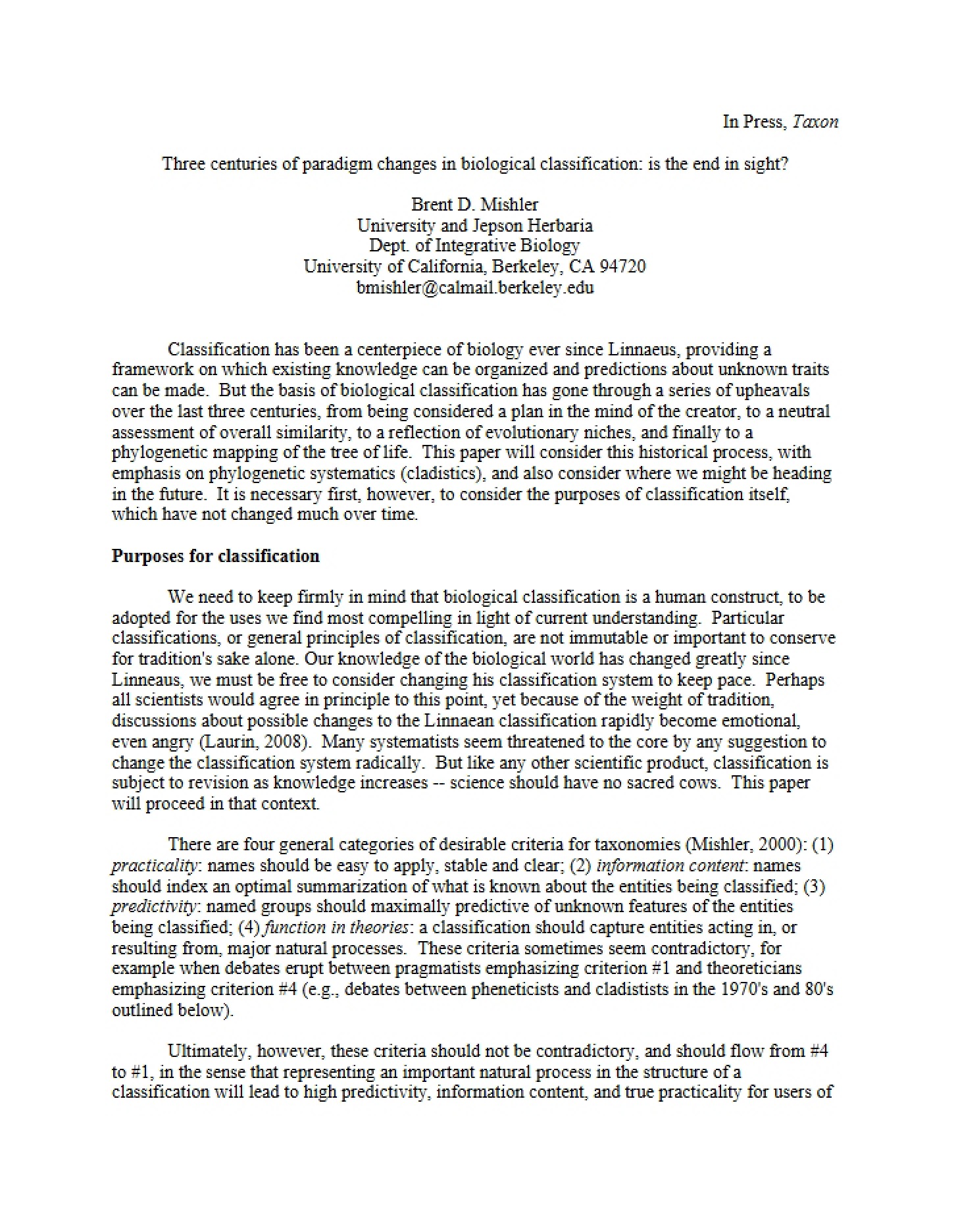 Biological Classification Paradigm Shifts Three Centuries