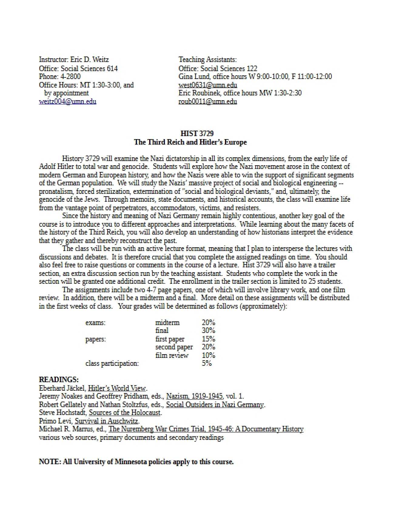 Nazi Germany Course Syllabus