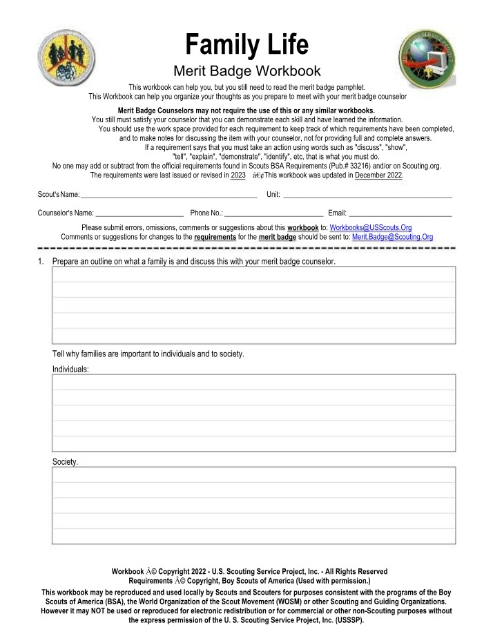 Workbook for Family Life Merit Badge