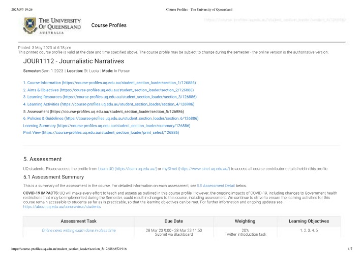 Course Profiles for JOUR1112