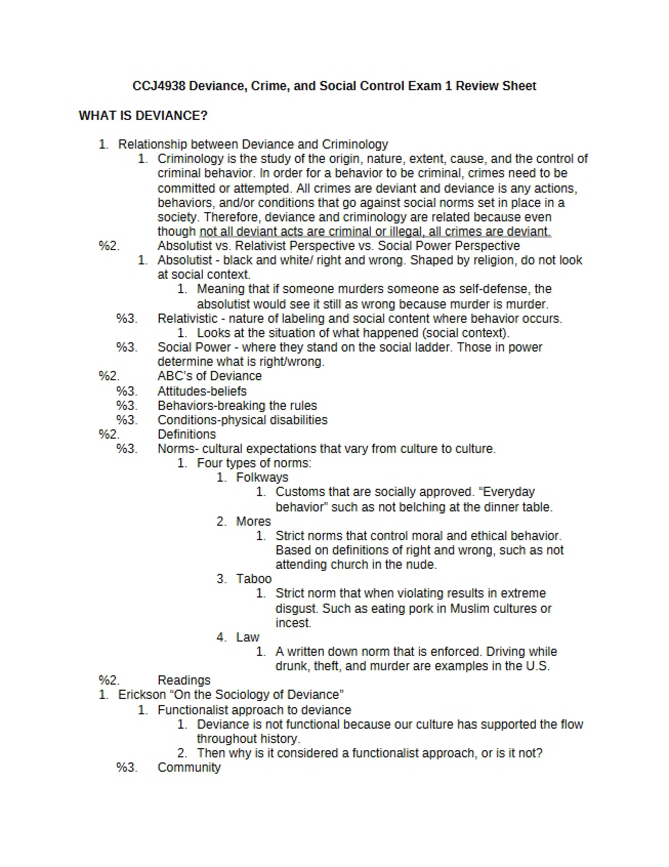 First Exam Review for Deviance, Crime, and Social Control