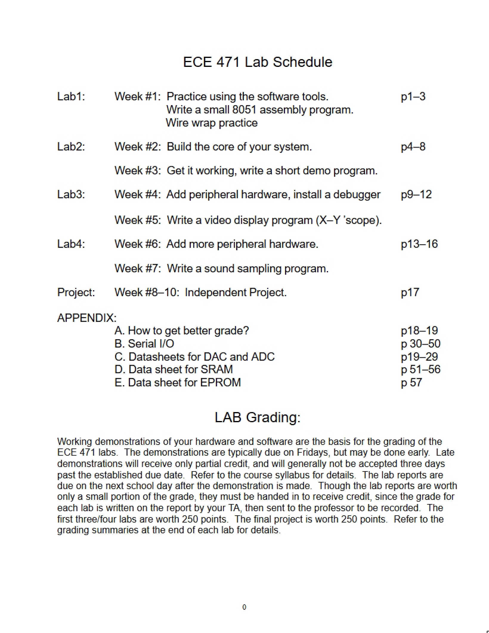 Lab Schedule for ECE 471
