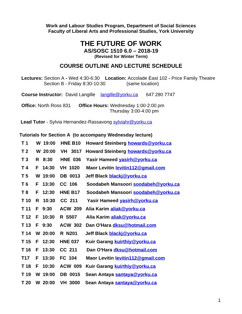 SOSC 1510 Course Outline and Lecture Schedule