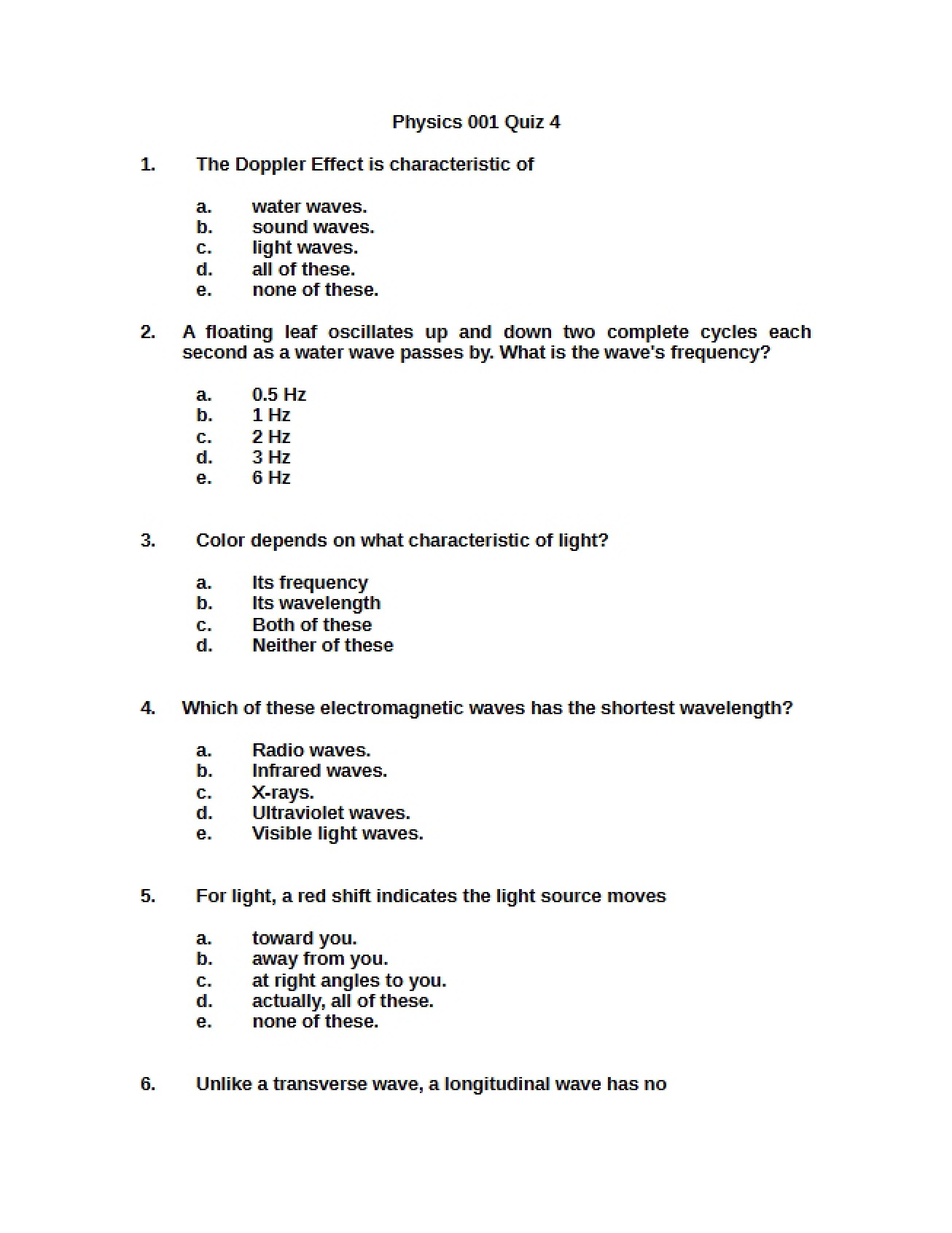 Fourth Physics Quiz