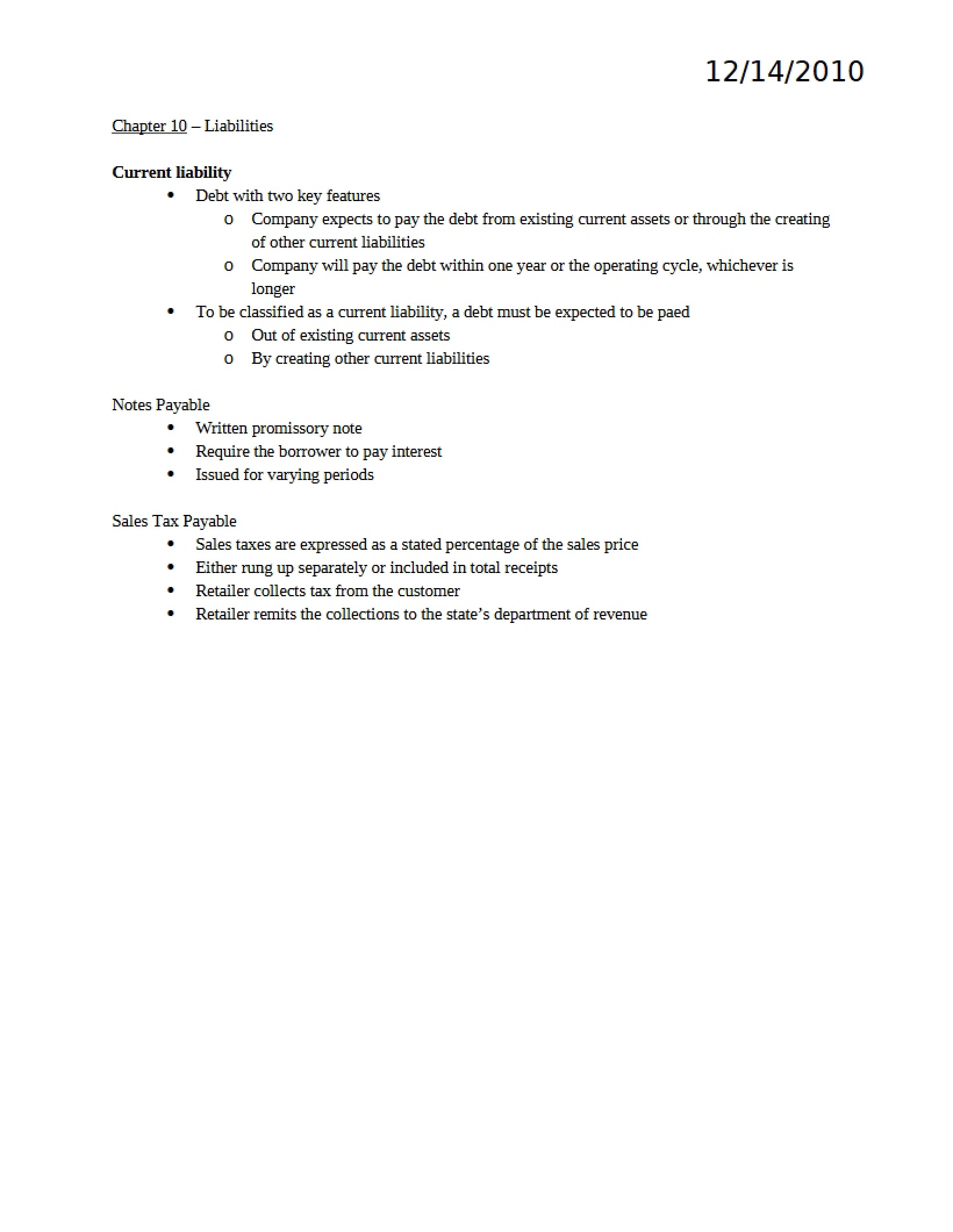 Chapter 10 Liabilities