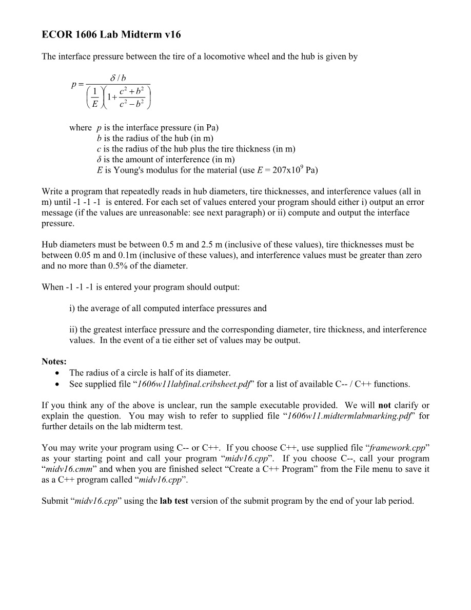 ECOR 1606 Lab Midterm - Version 16