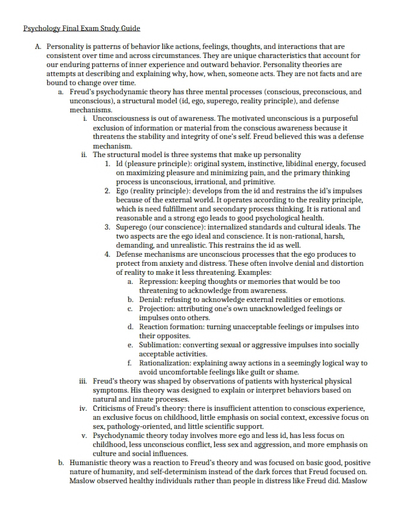 Final Exam Study Guide for Psychology