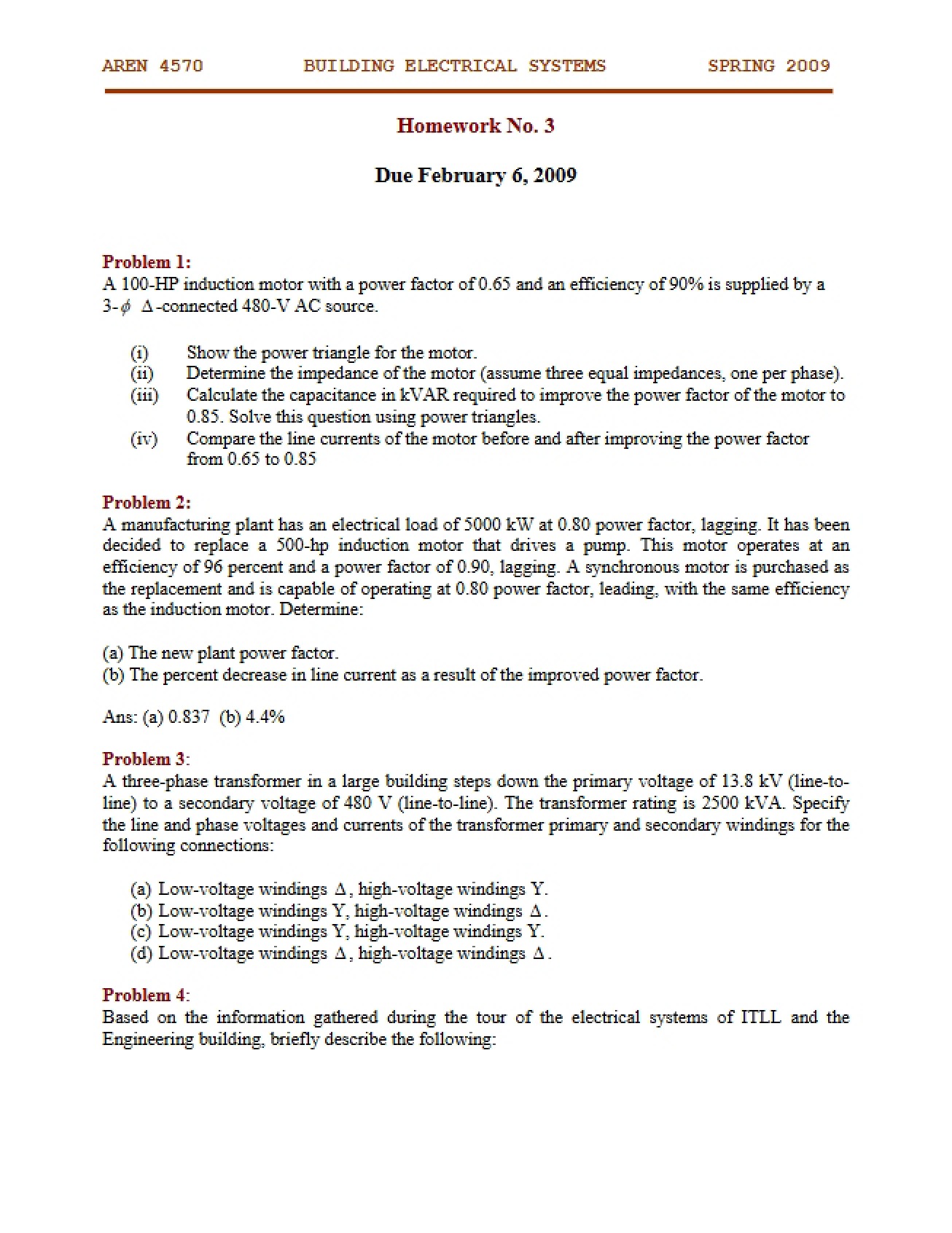 Third Homework for Building Electrical Systems Design