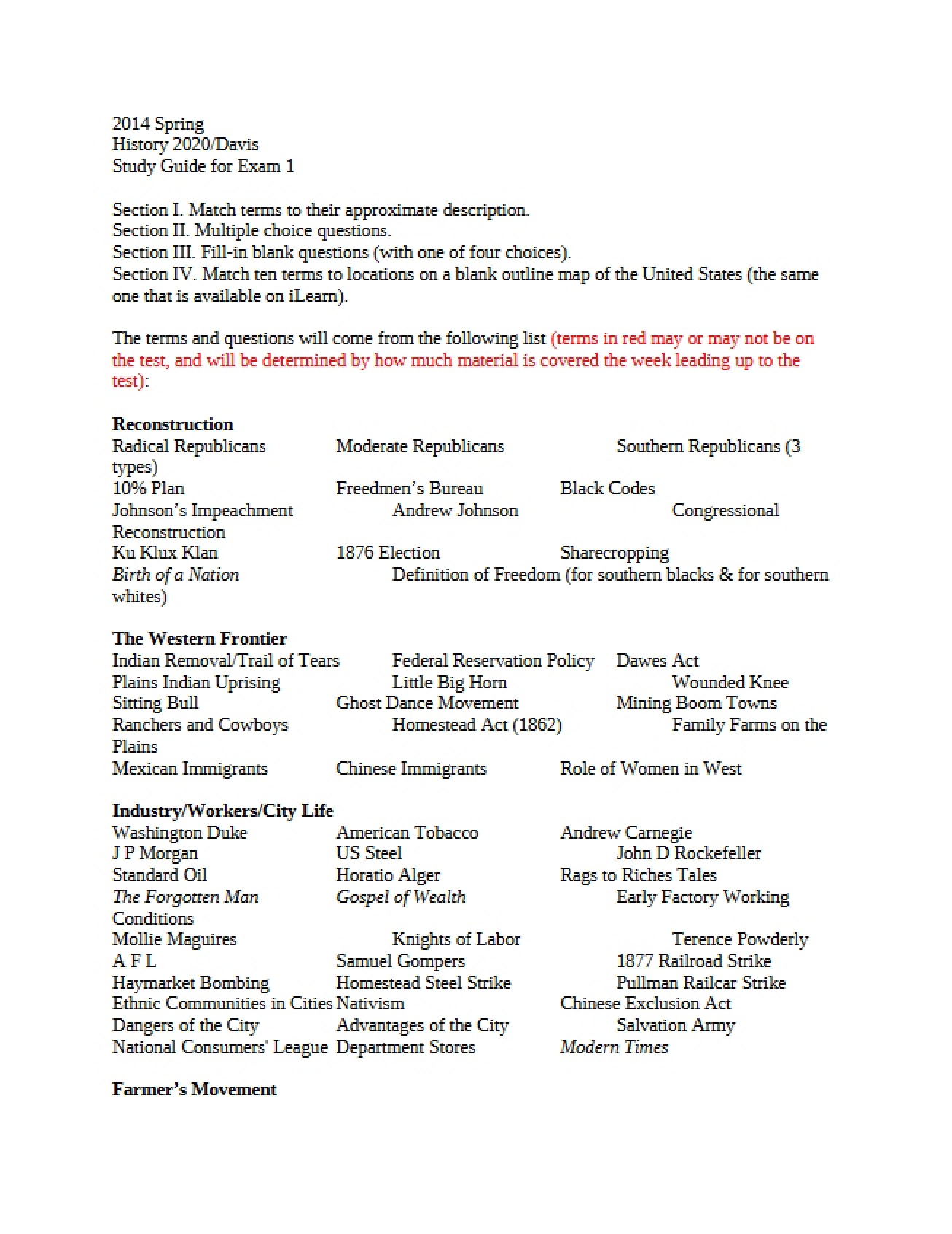Study Guide for the First Exam in American History