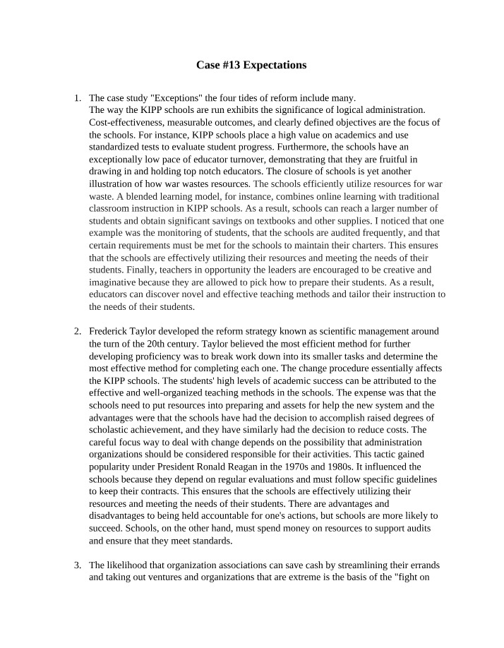 Expectations for Case Study 13