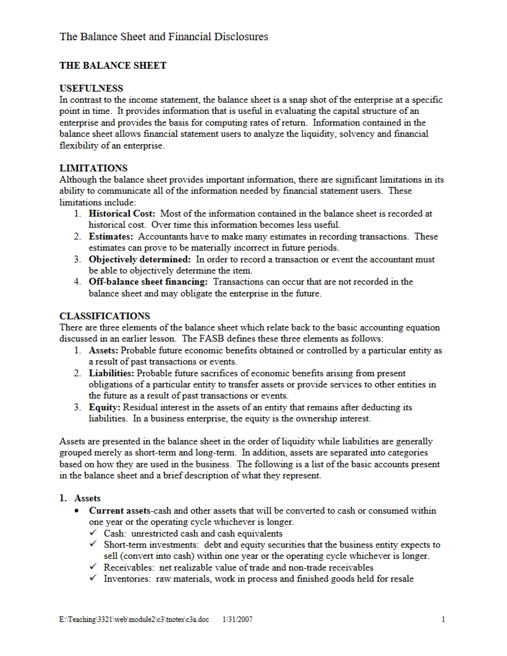 Disclosures and Balance Sheet